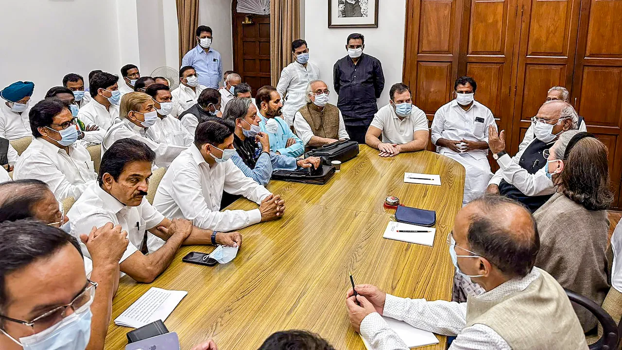 Congress President Mallikarjun Kharge with Congress Parliamentary Party (CPP) Chairperson Sonia Gandhi and other party leaders during a CPP meeting, at Parliament House in New Delh