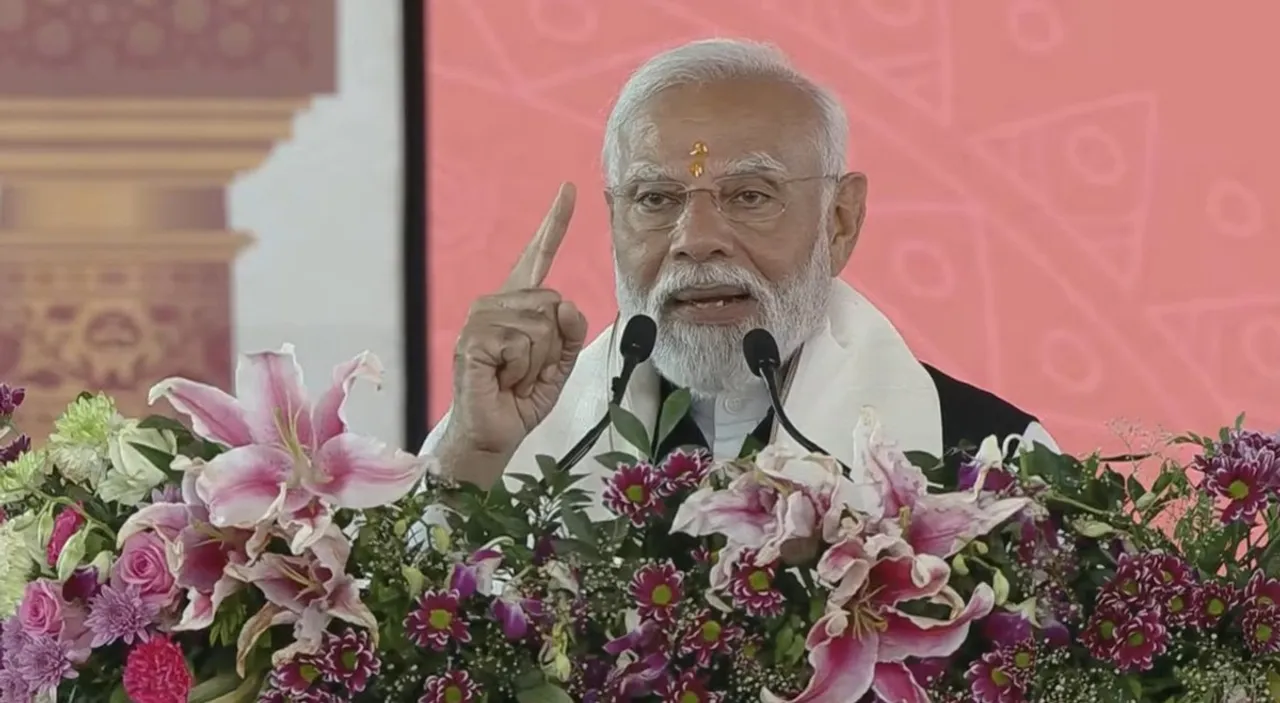 Prime Minister Narendra Modi speaking at a public function at Tarabh in Gujarat's Mehsana district