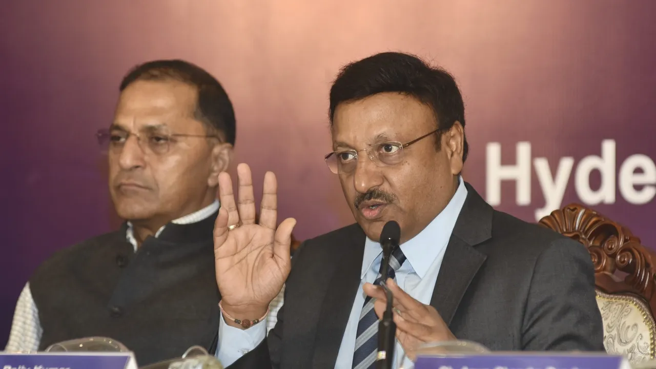 Chief Election Commissioner of India Rajiv Kumar addresses the media on poll preparedness for forthcoming Telangana Assembly elections 2023, in Hyderabad