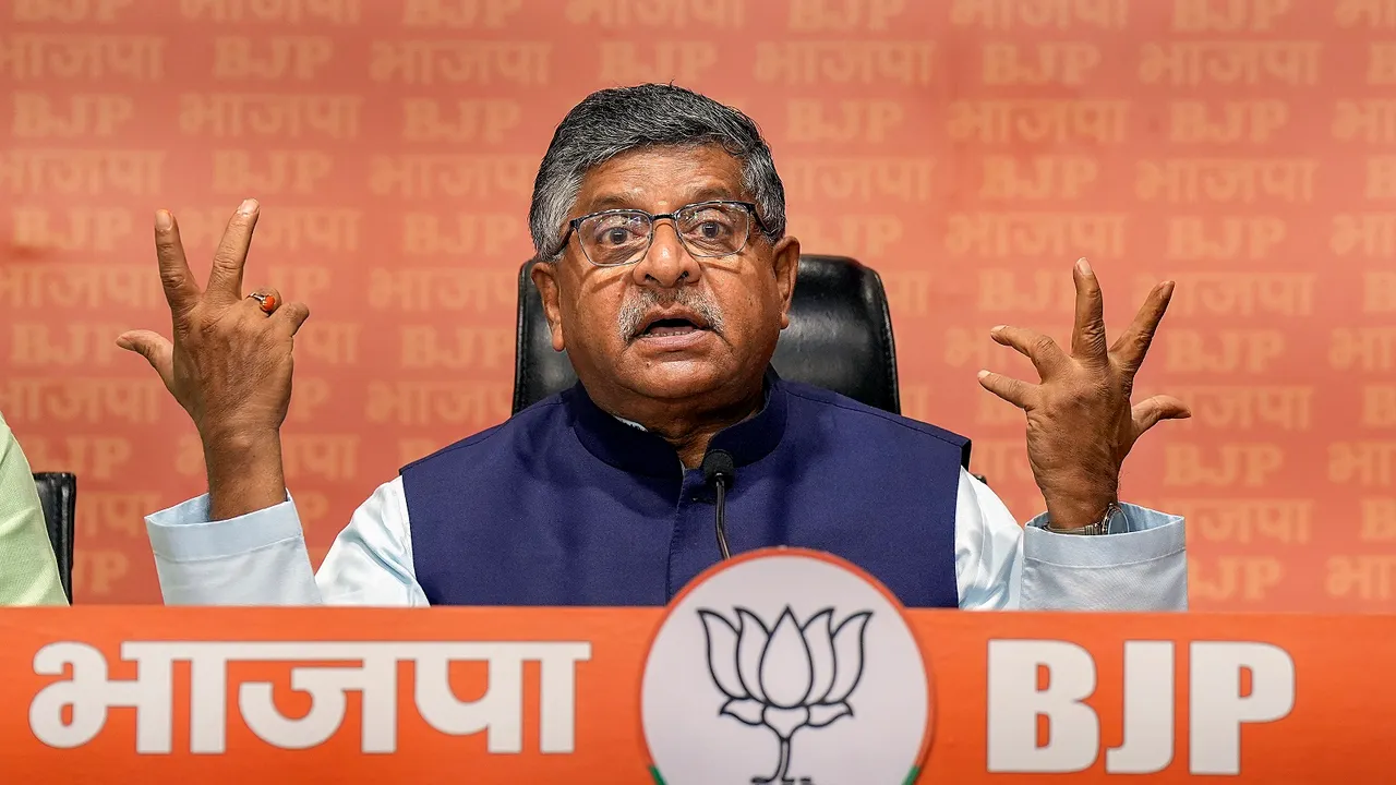 BJP leader Ravi Shankar Prasad addresses a press conference, at the party headquarters in New Delhi