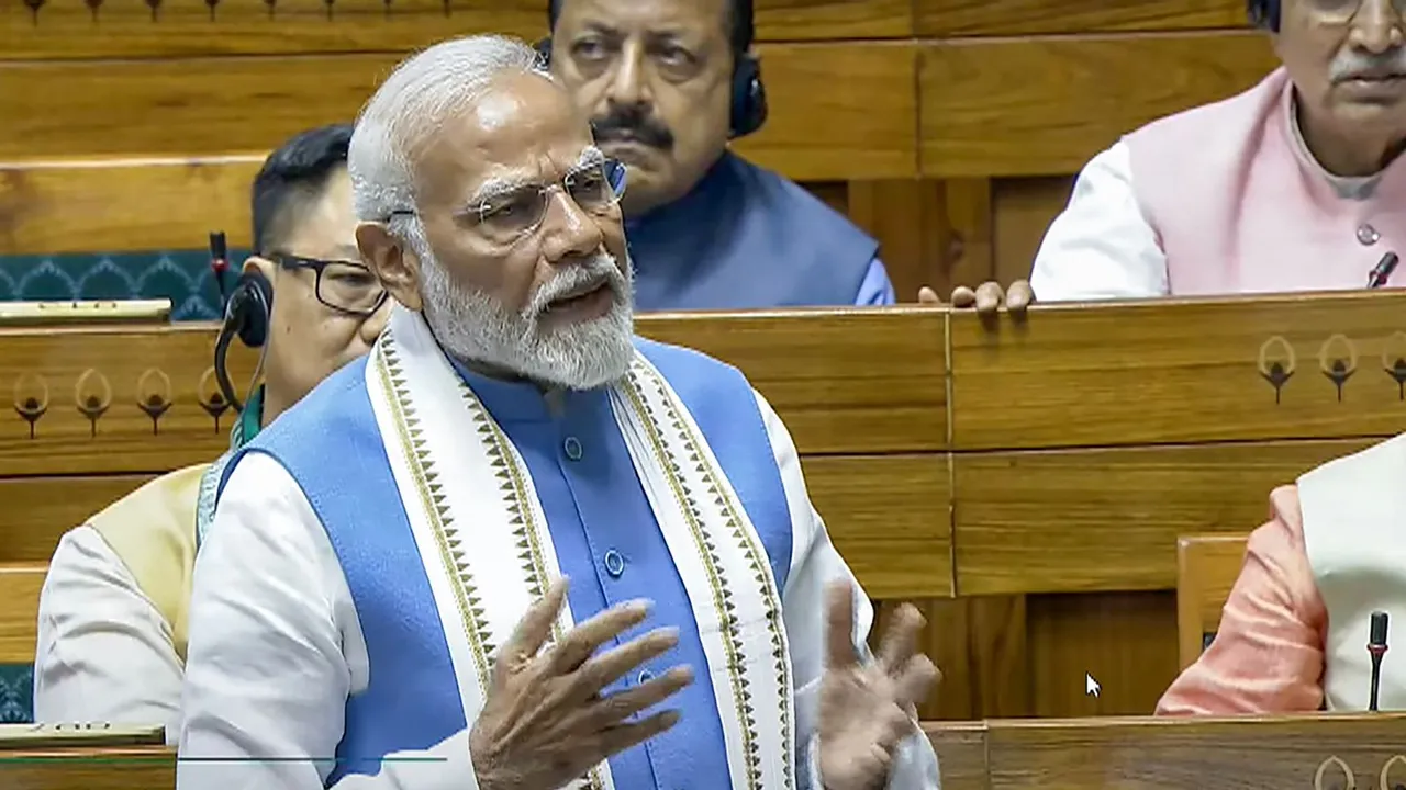 Prime Minister Narendra Modi replies to the Motion of Thanks on the President's Address in the Lok Sabha during the ongoing Parliament session, in New Delhi, Tuesday, July 2, 2024.