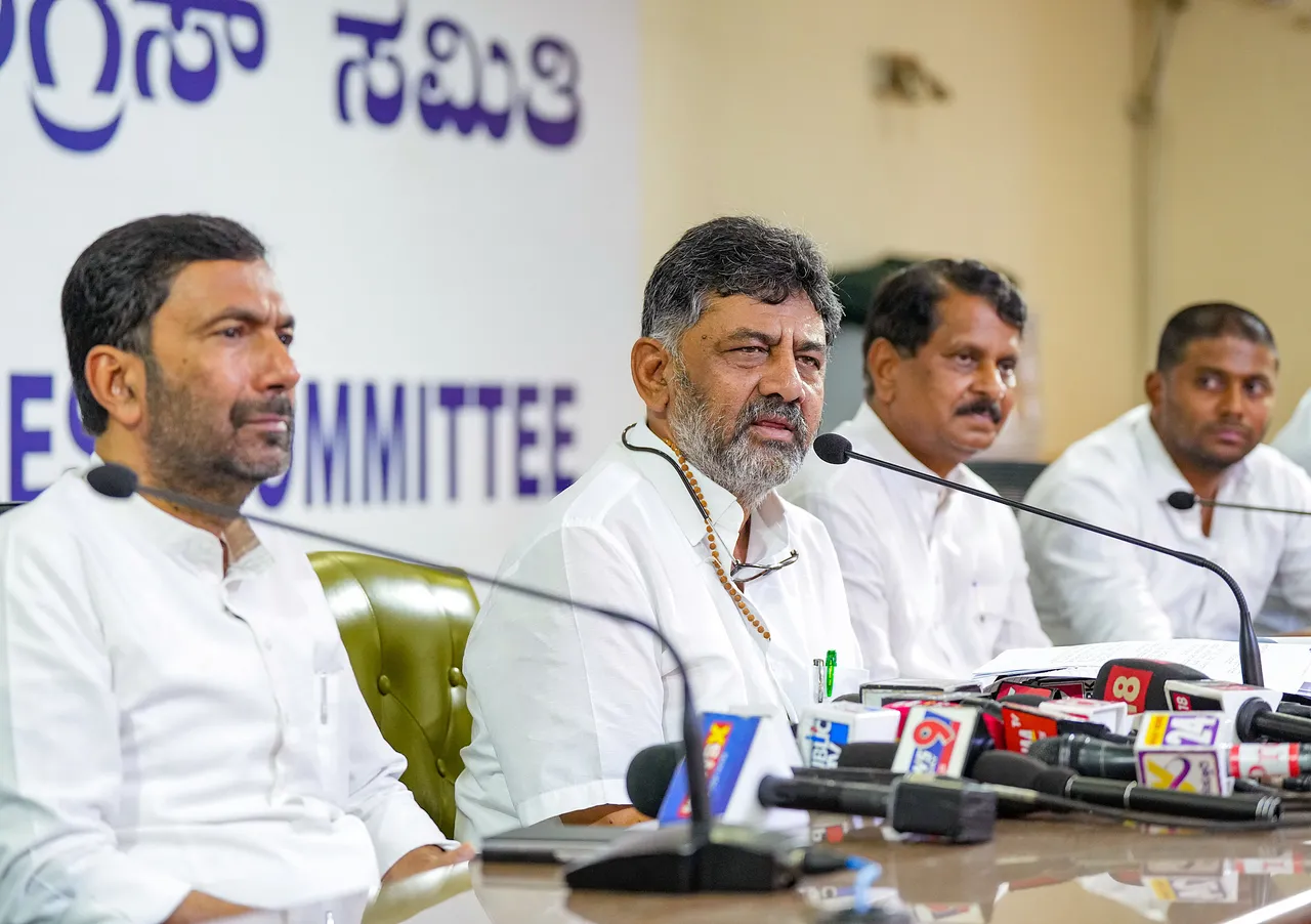 Karnataka Deputy Chief Minister & KPCC President DK Shivakumar addresses a press conference at KPCC head office, in Bengaluru