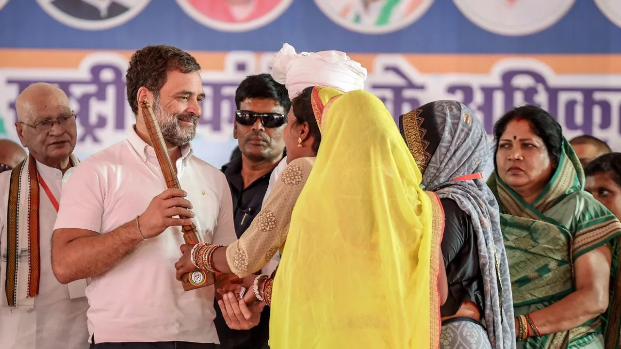 Congress leader Rahul Gandhi during a public meeting ahead of Lok Sabha elections, at Dhanora in Seoni district, Monday, April 8, 2024.