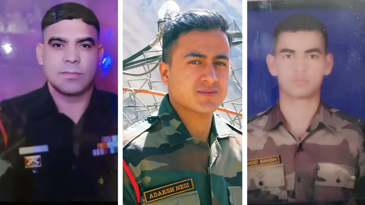 Undated photo of Indian Army Subedar Anand Singh Rawat (Left), soldier Adarsh Negi  (Centre), and Nayak Vinod Singh (Right) who were killed in a terrorist attack in J&K's Kathua on Monday, July 9, 2024.