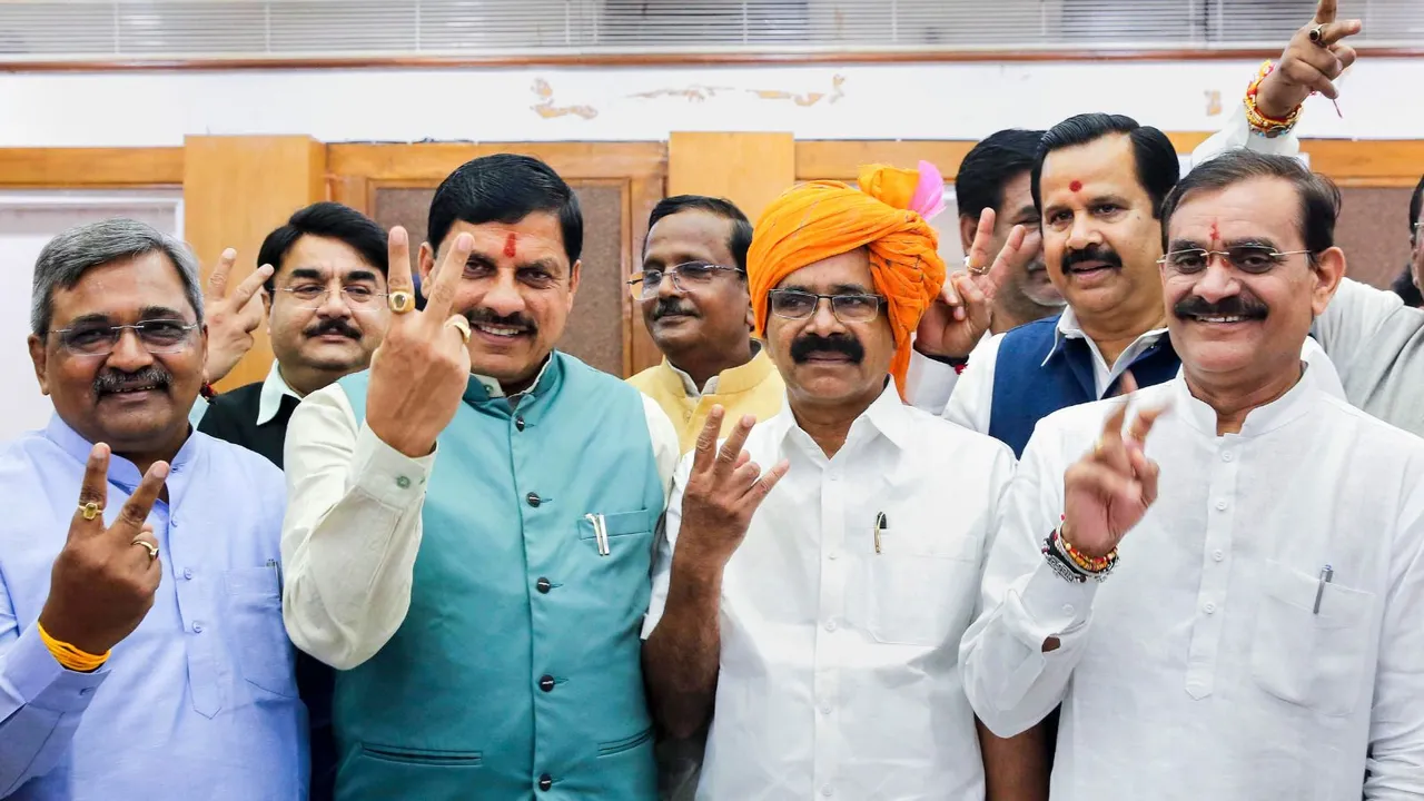 Madhya Pradesh Chief Minister Mohan Yadav and State BJP President V.D. Sharma with BJP leader George Kurian after the latter filed his nomination papers as party's Rajya Sabha candidate from the state, in Bhopal, Wednesday, Aug. 21, 2024.