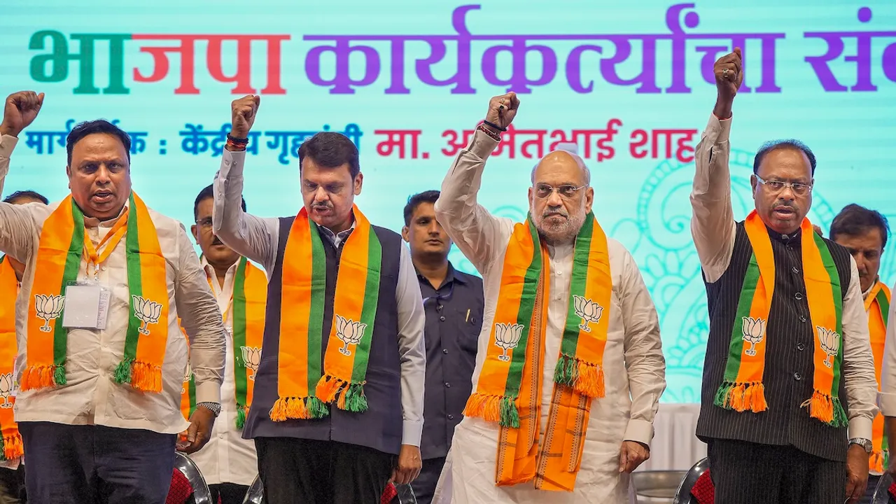 Amit Shah along with Maharashtra Deputy Chief Minister Devendra Fadnavis, Maharashtra BJP President Chandrashekhar Bawankule and Mumbai BJP President Ashish Shelar during the BJP party workers' meet, in Mumbai, Tuesday, Oct. 1, 2024.
