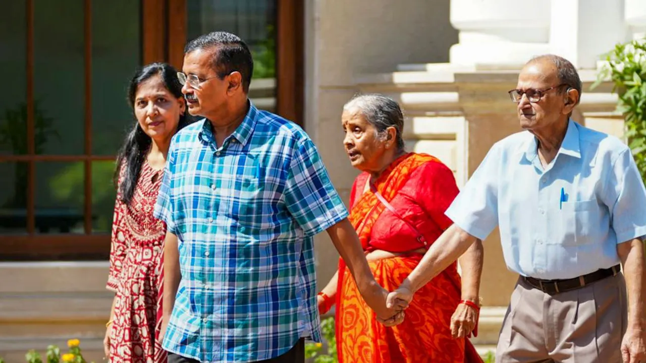 AAP National Convenor Arvind Kejriwal with his wife and parents leaves CM residence days after resigning from the chief minister's post, in New Delhi.