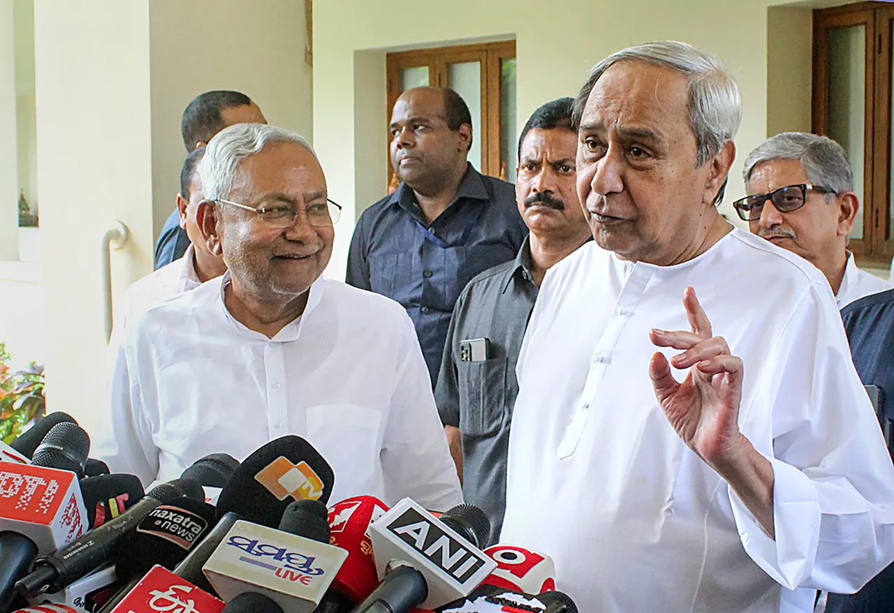 Bihar Chief Minister Nitish Kumar with Odisha Chief Minister Naveen Patnaik addresses the media after a meeting, in Bhubaneswar