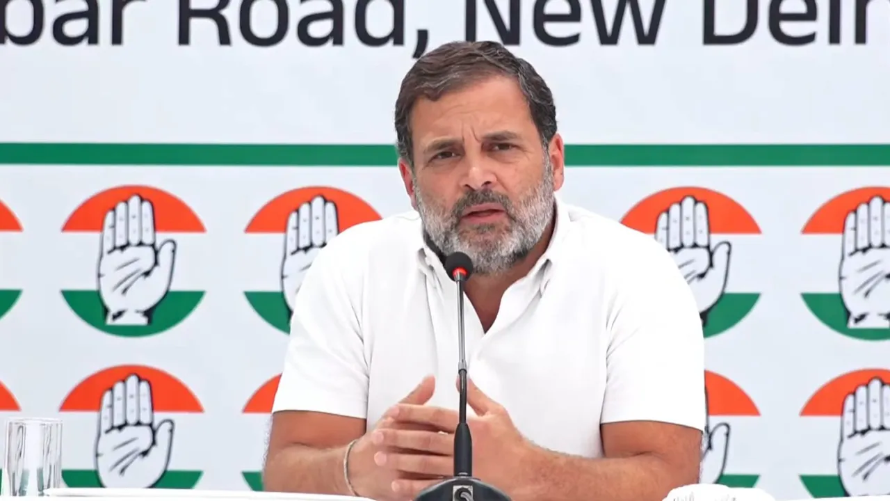 Congress leader Rahul Gandhi speaks during a press conference after the release of the party's manifesto for the Lok Sabha elections, in New Delhi, Friday, April 5, 2024
