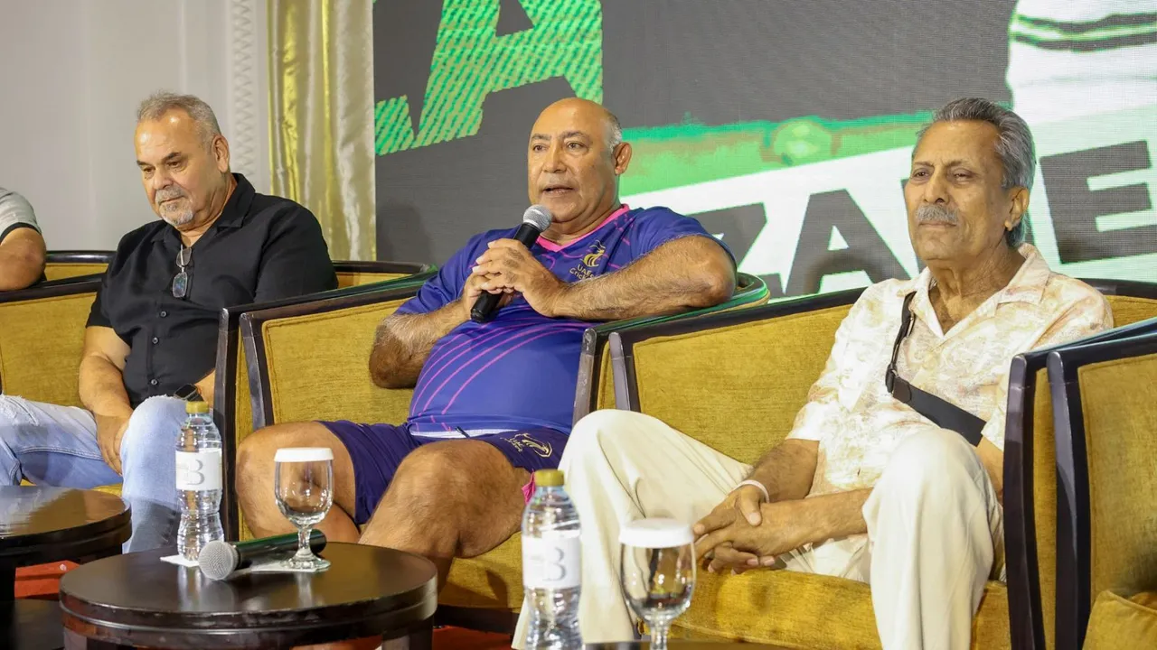 Former cricketers Dav Whatmore, Mudassar Nazar and Zaheer Abbas during the Cricket Predicta conclave, in Sharjah, UAE, Sunday, Sept. 29, 2024.
