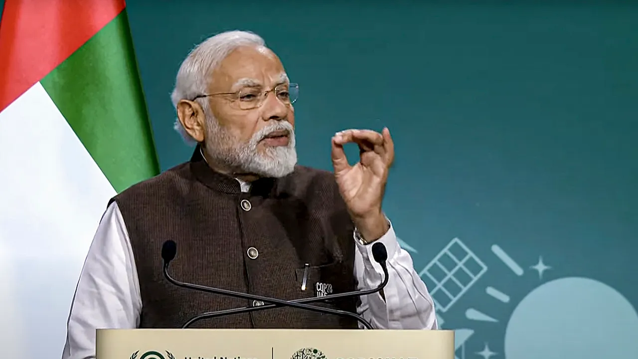 Prime Minister Narendra Modi speaks during ceremonial opening of high-level segment for Heads of States at the COP28, in Dubai, UAE