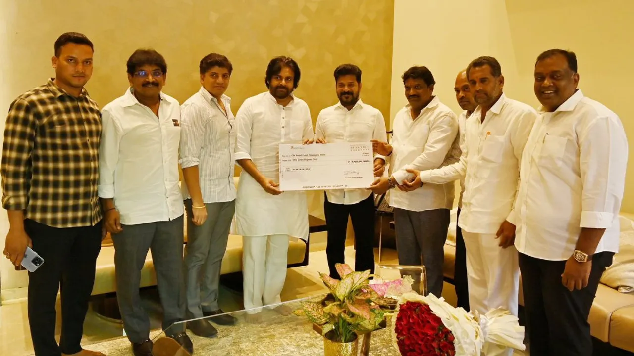 AndhrA Pradesh Deputy Chief Minister K. Pawan Kalyan with Telangana Chief Minister A. Revanth Reddy in Hyderabad on Wednesday