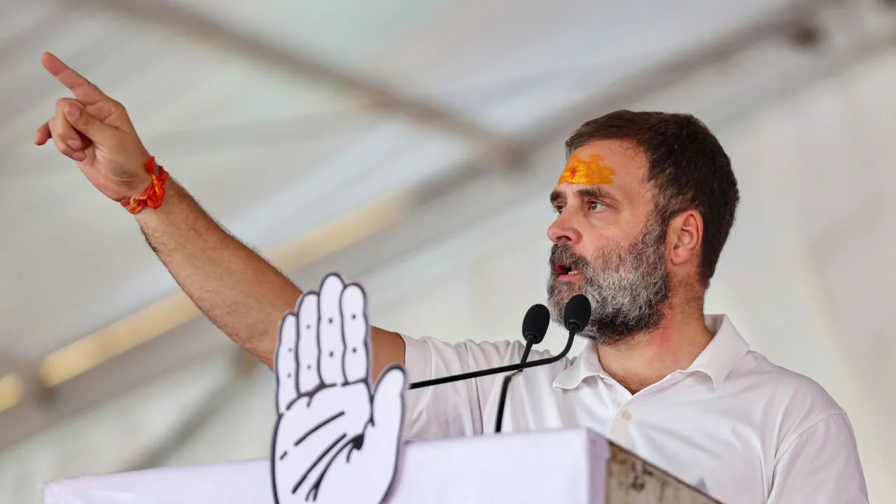 Congress leader Rahul Gandhi addresses during a public meeting for Lok Sabha elections, in Khargone, Monday, May 6, 2024
