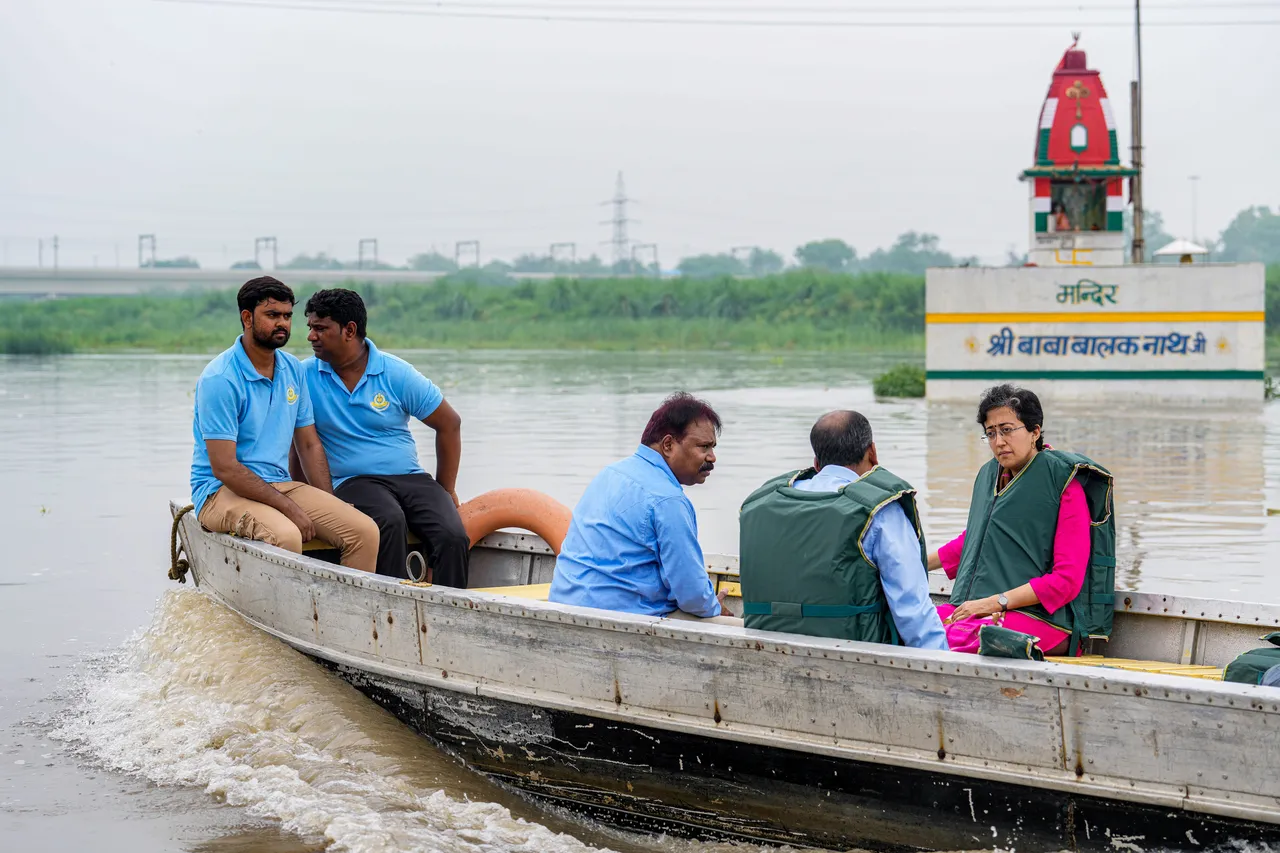 Delhi Education and PWD Minister Atishi inspects the water level of Yamuna river after heavy monsoon rains, in New Delhi