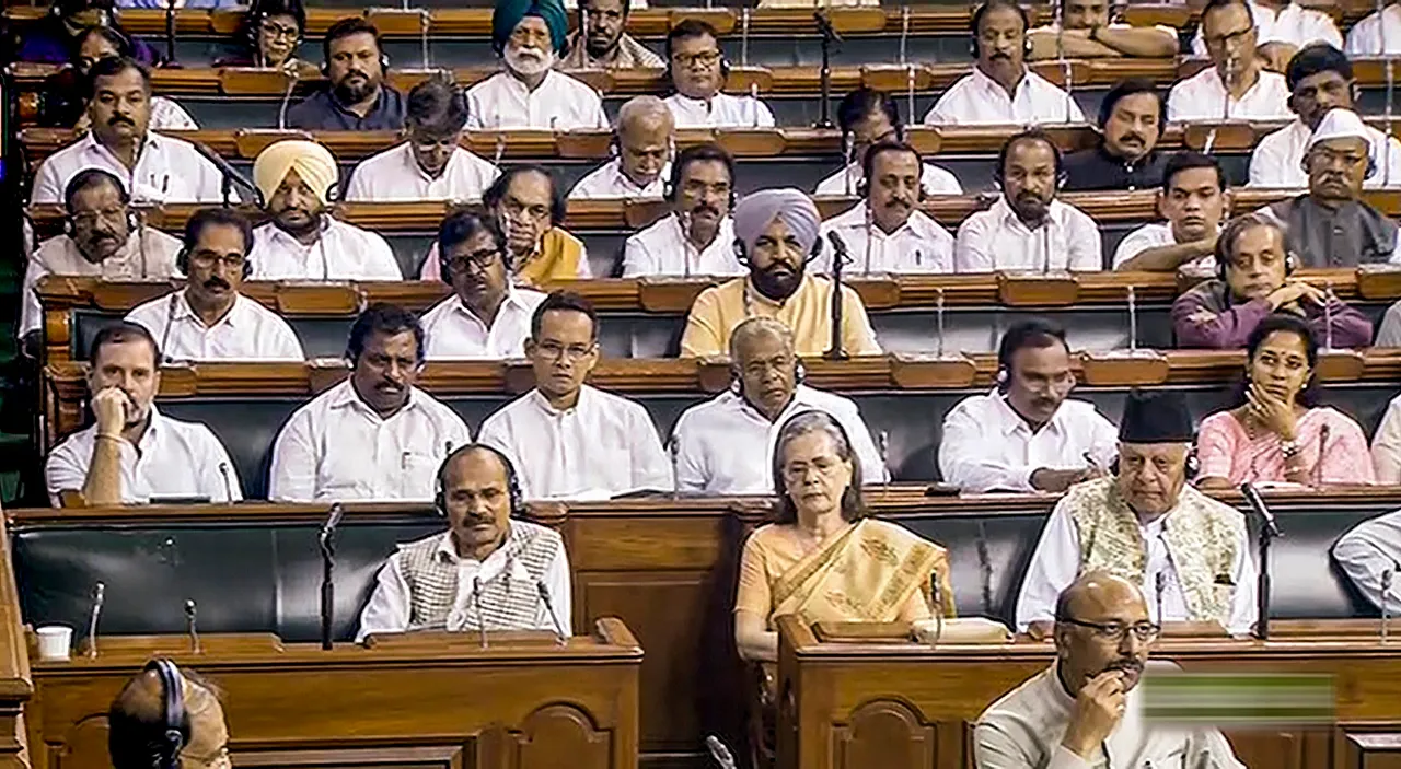 Congress MPs Sonia Gandhi, Rahul Gandhi and Adhir Ranjan Chowdhury, J&K National Conference MP Farooq Abdullah and others in the Lok Sabha during a special session of Parliament, in New Delhi