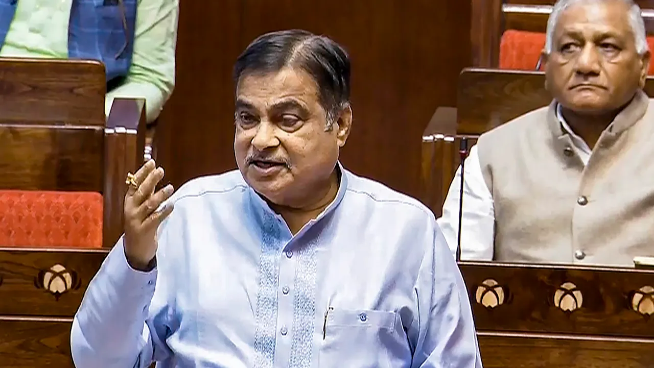 Union Minister of Road Transport and Highways Nitin Gadkari speaks in the Rajya Sabha during the Winter session of Parliament