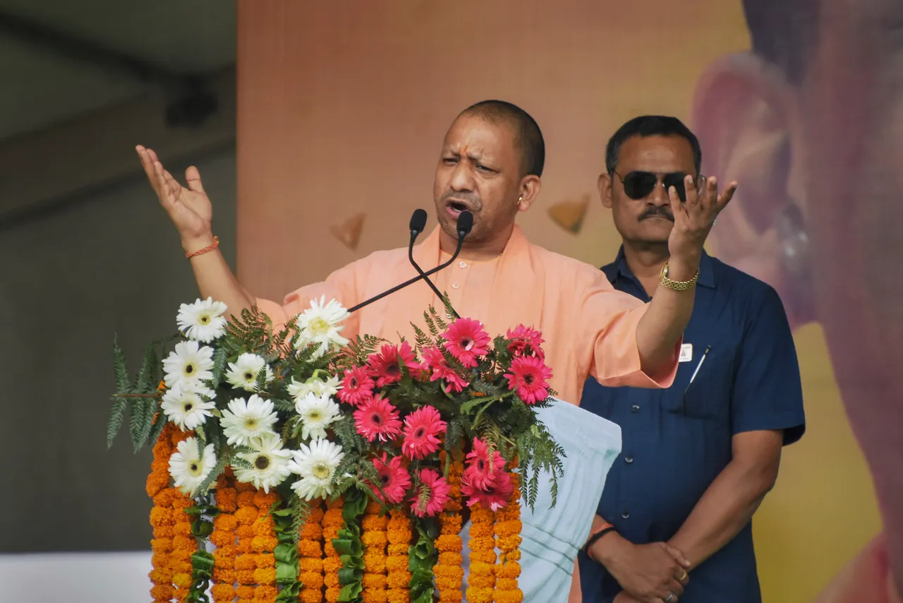 Uttar Pradesh Chief Minister and senior BJP leader Yogi Aditynath addresses during a public meeting ahead of the Uttar Pradesh Municipal elections, in Moradabad