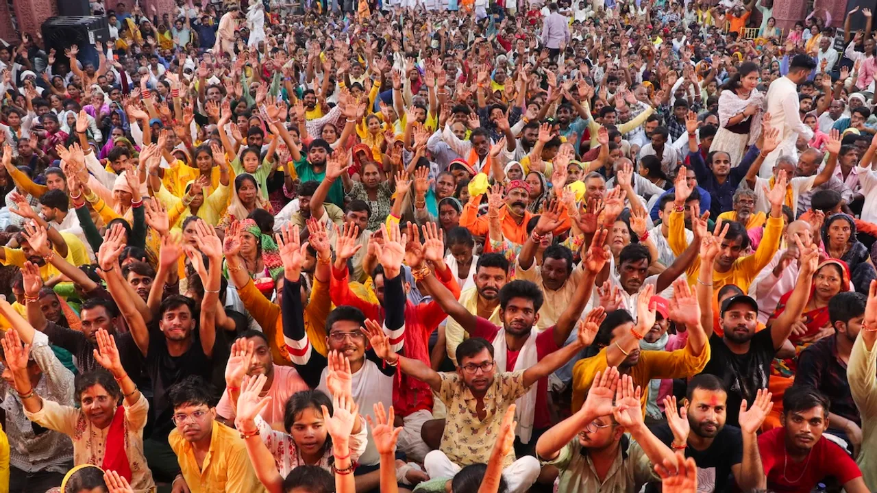Devotees during Sri Krishna Janmashtami celebrations at Sri Krishna Janamsthan temple, in Mathura, Monday, Aug. 26, 2024.