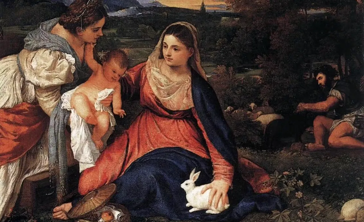 ‘The Madonna of the Rabbit,’ a painting from 1530, depicting the Virgin Mary with a rabbit. A painting by artist Titian (1490-1576), Louvre Museum, Paris.