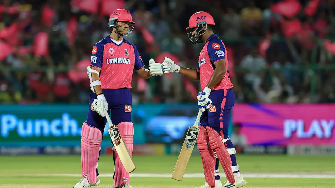 Rajasthan Royals batters Yashasvi Jaiswal and Sanju Samson during the Indian Premier League (IPL) 2024 cricket match between Rajasthan Royals and Mumbai Indians, at Sawai Mansingh Stadium, in Jaipur, Monday, April 22, 2024.