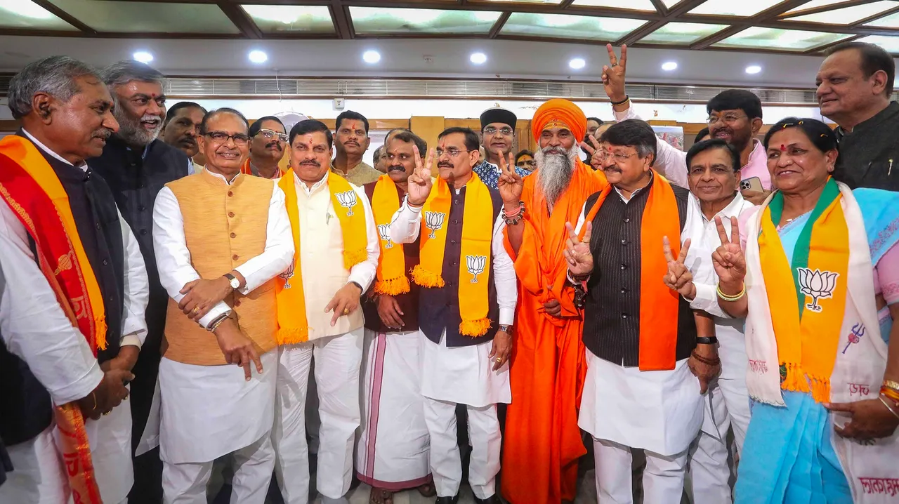BJP nominees L Murugan, Umesh Nath Maharaj, Maya Naroliya and Bansilal Gurjar with Madhya Pradesh Chief Minister Mohan Yadav and others after filing their nomination papers for Rajya Sabha elections