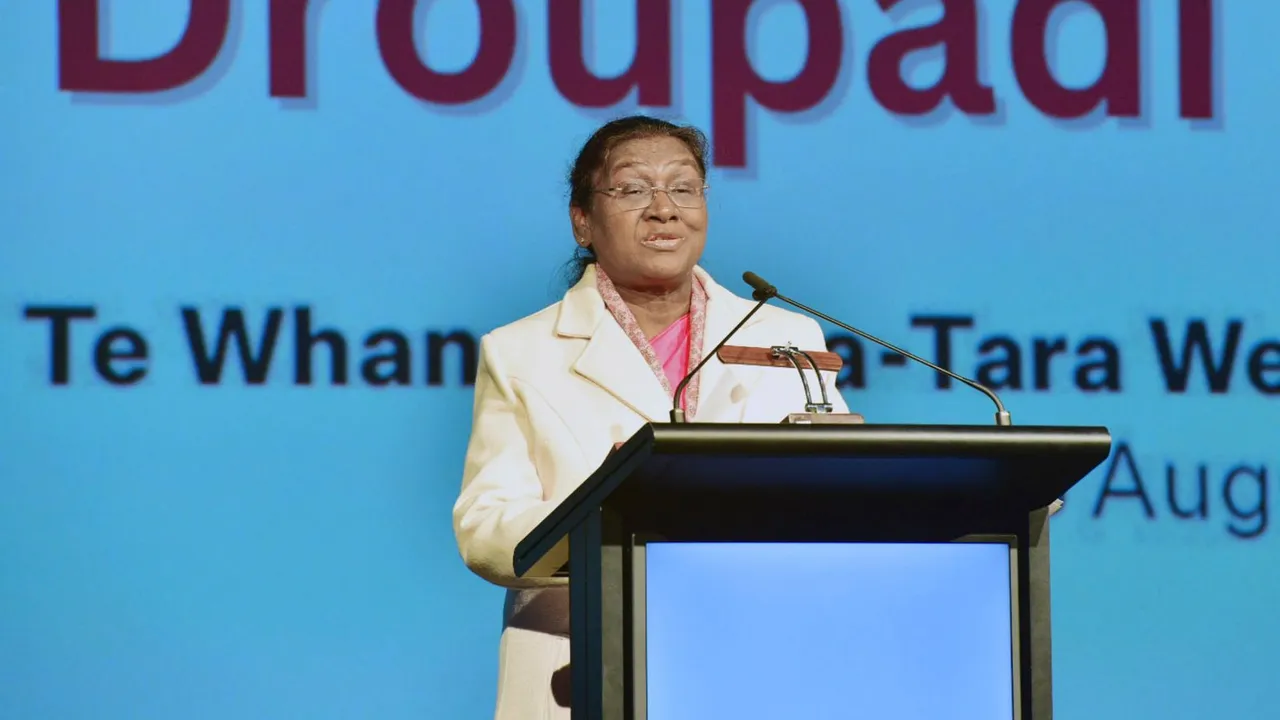 President Droupadi Murmu addresses the New Zealand International Education Conference (NZIEC), in Wellington, Thursday, Aug. 8, 2024.