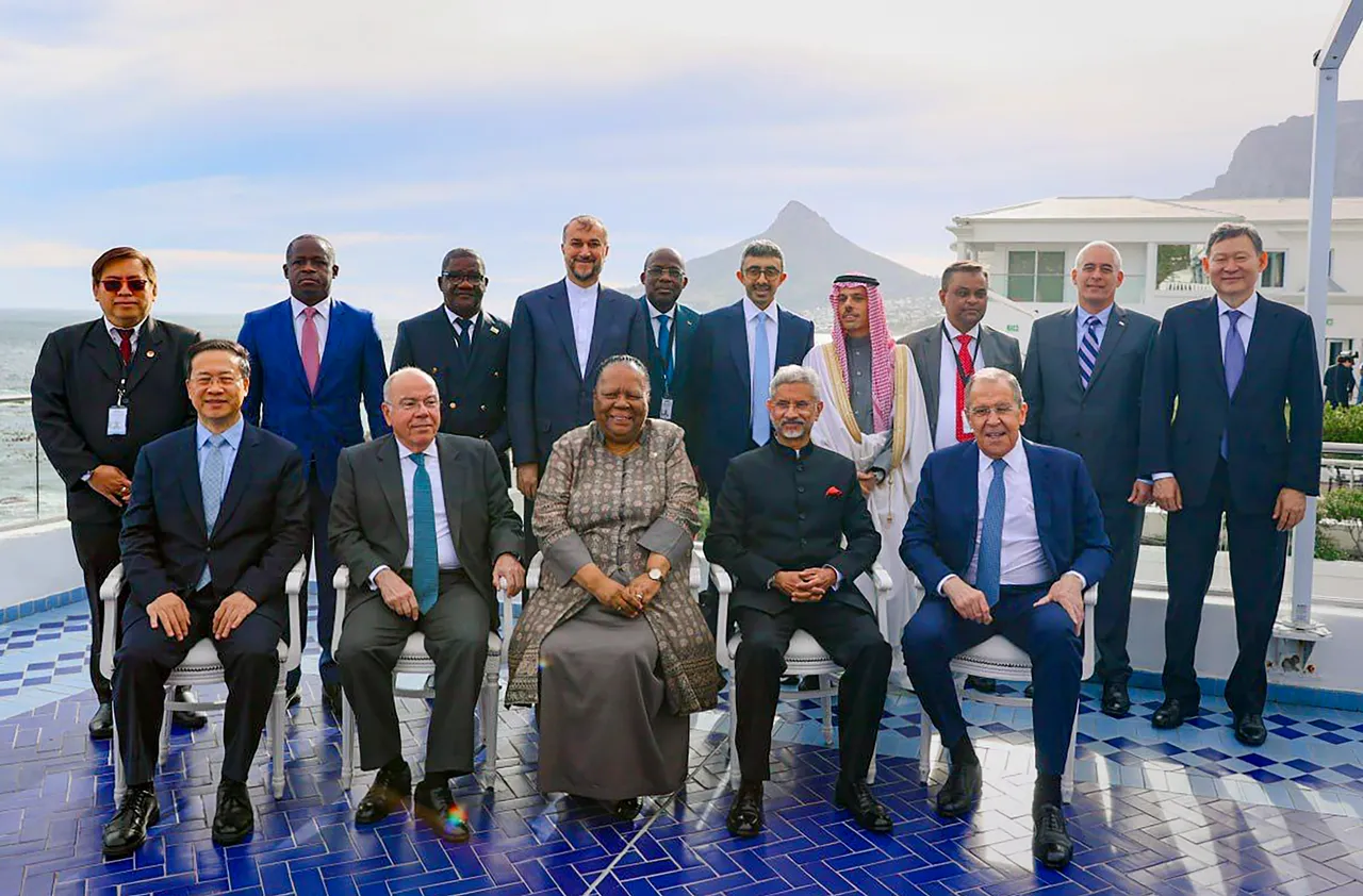 External Affairs Minister S Jaishankar poses for a group photo at the BRICS Foreign Ministers’ meeting, in Cape Town