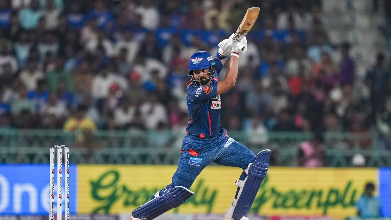 Lucknow Super Giants' captain KL Rahul plays a shot during an Indian Premier League (IPL) 2024 T20 cricket match between Lucknow Super Giants and Rajasthan Royals