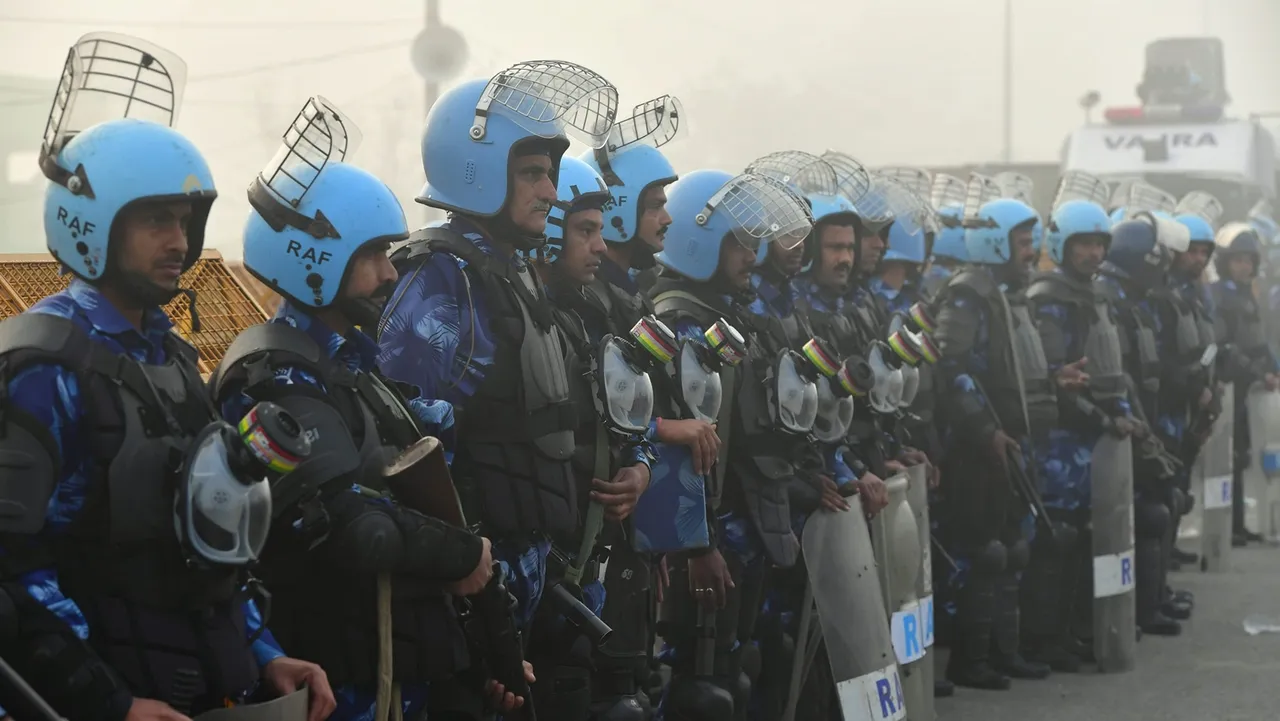 Security personnel deployed at Singhu border in view of farmers' 'Delhi Chalo' march, in New Delhi
