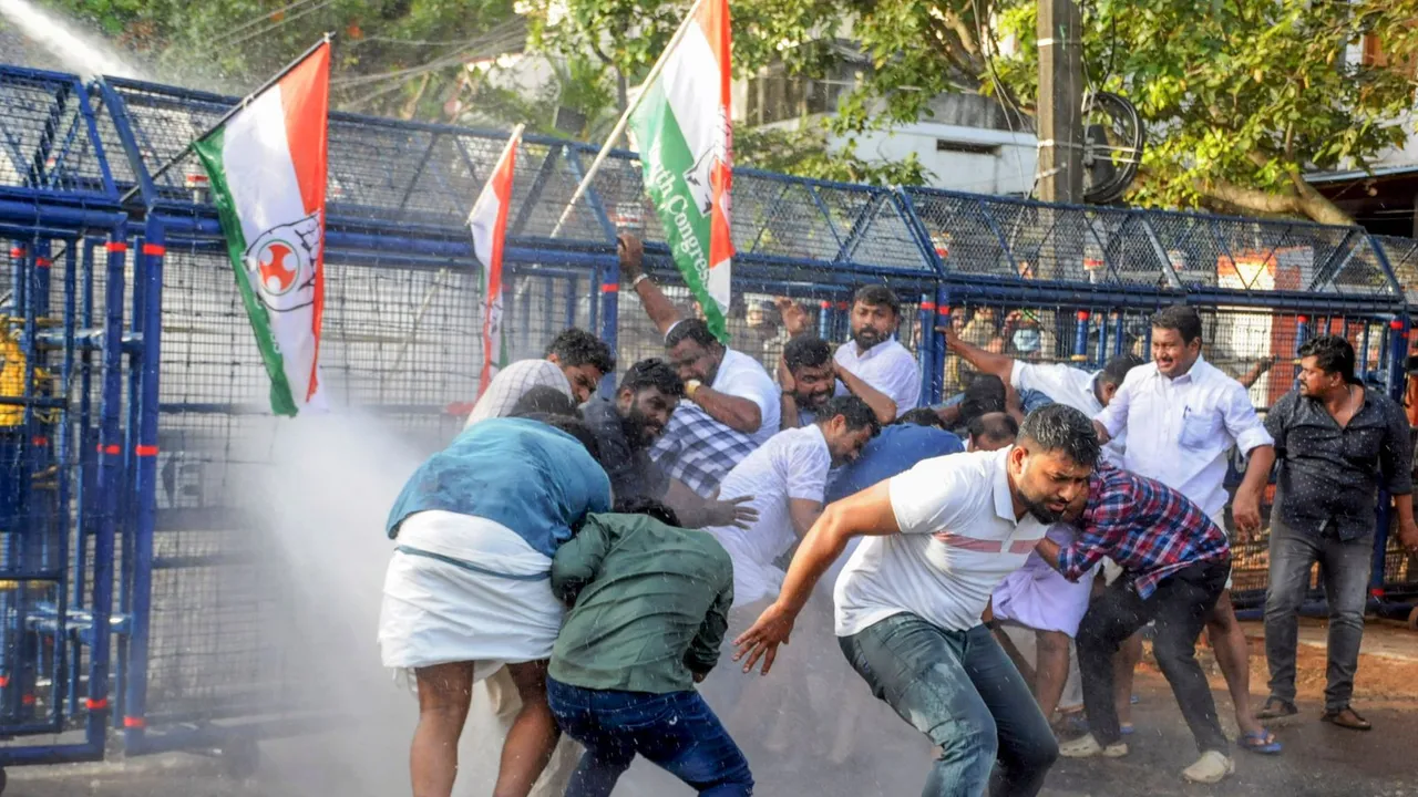 Police use water cannons to disperse Indian Youth Congress workers protesting against ADGP (Law and Order) Ajit Kumar, in Thiruvananthapuram, Monday, Sept. 2, 2024.