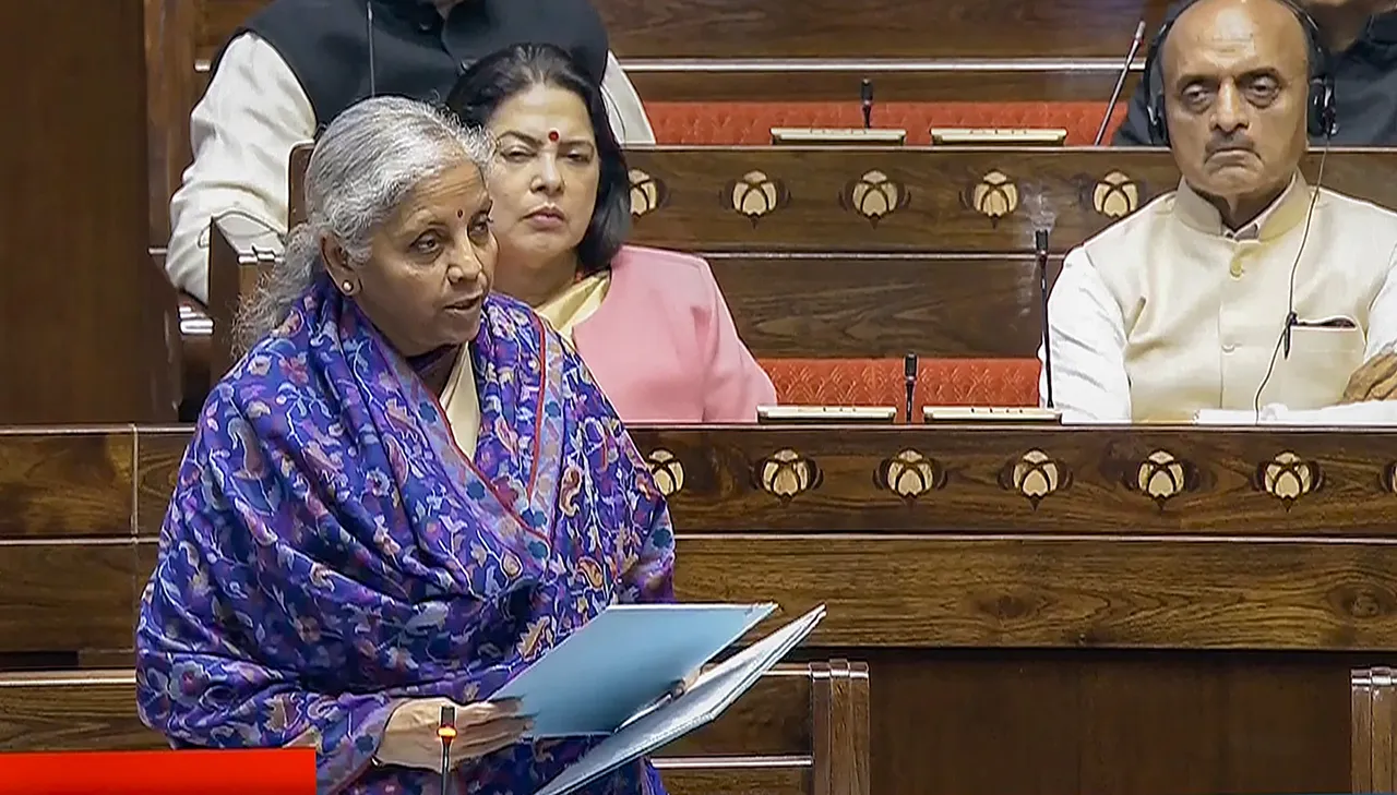 Union Finance Minister Nirmala Sitharaman speaks in the Rajya Sabha during the Budget session of Parliament, in New Delhi