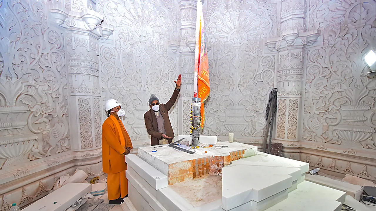 Chief Minister Yogi Adityanath inspects the construction work of Sri Ram templ, in Ayodhya district, Thursday, Dec. 21, 2023.