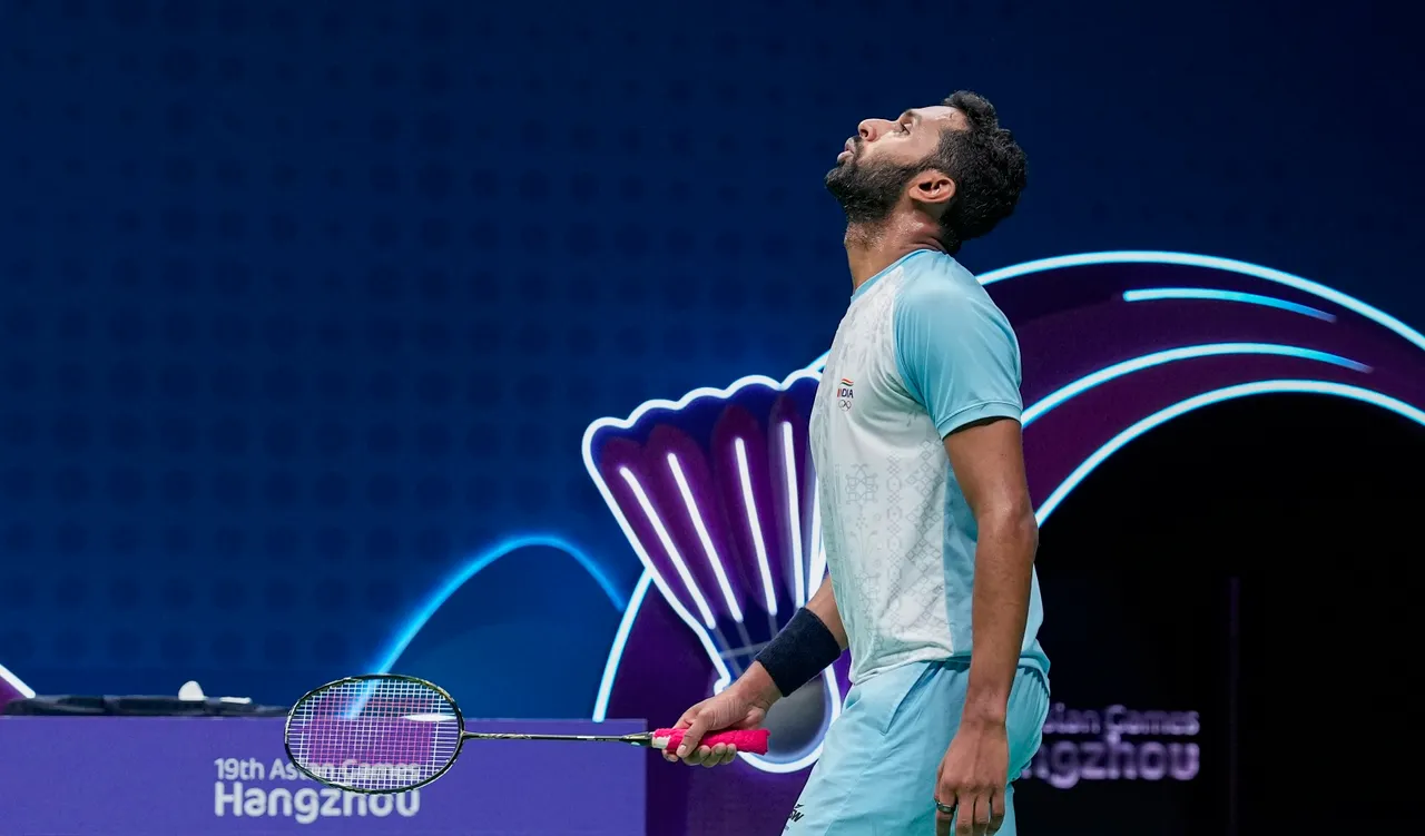 India’s HS Prannoy reacts after losing a point against China's Li Shifeng in the Men's Singles semifinal badminton match at the 19th Asian Games