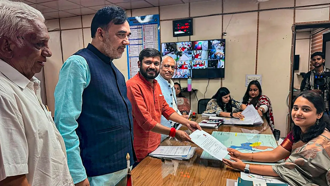 Congress candidate from North East Delhi Kanhaiya Kumar files his nomination papers for Lok Sabha polls in the presence of AAP leader Gopal Rai, in New Delhi, Monday, May 6, 2024