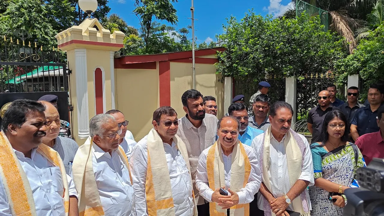 Congress MP Adhir Ranjan Chowdhury, AAP MP Sushil Gupta, JMM MP Mahua Maji and other leaders of the INDIA alliance parties addresses the media after meeting Manipur Governor Anusuiya Uikey, in Imphal, Sunday, July 3