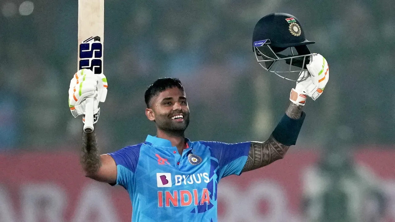 Suryakumar Yadav celebrates his century during the 3rd T20 cricket match between India and Sri Lanka at Saurashtra Cricket Association Stadium in Rajkot