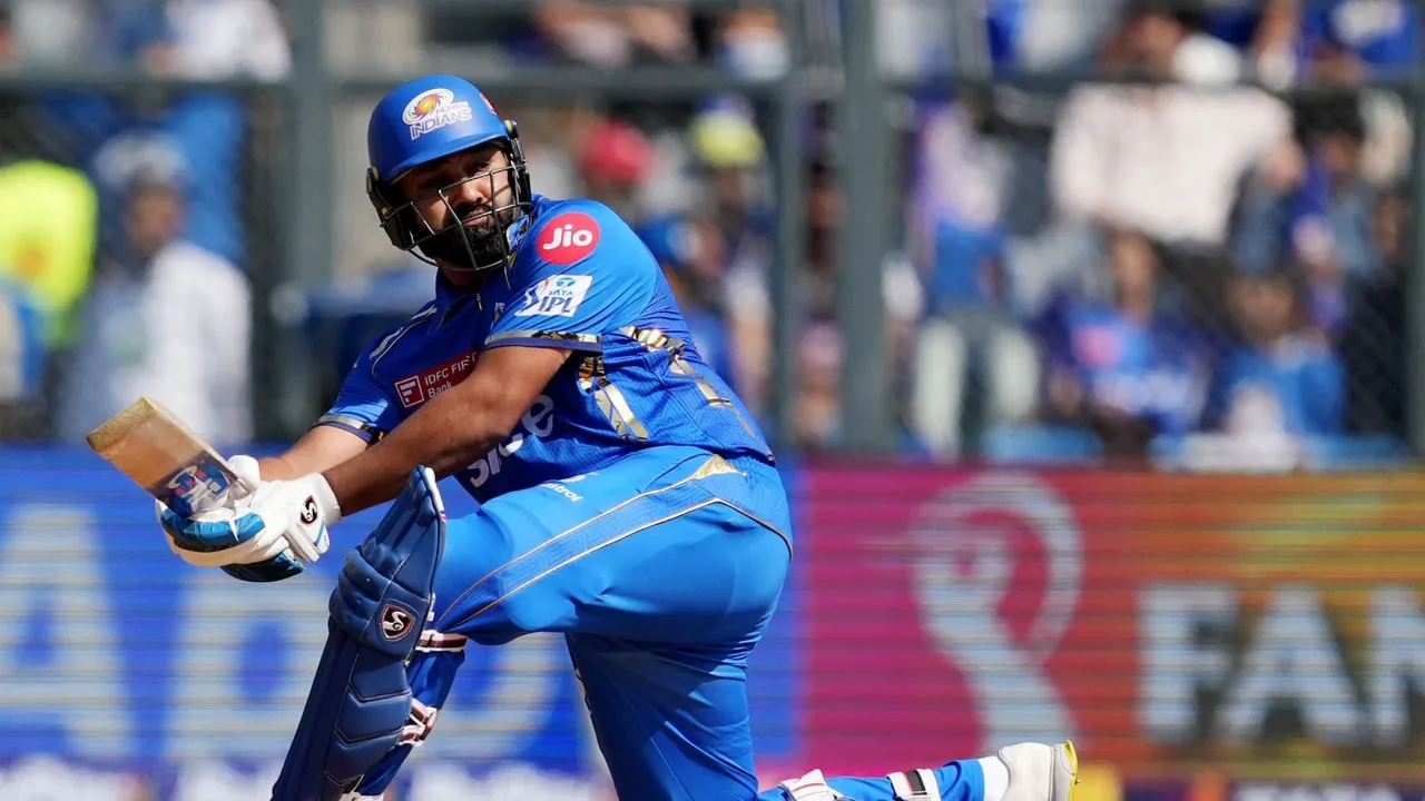 Mumbai Indians' Rohit Sharma plays a shot during the Indian Premier League (IPL) 2024 T20 cricket match between Mumbai Indians and Delhi Capitals, at Wankhede Stadium, in Mumbai, Sunday, April 7, 2024