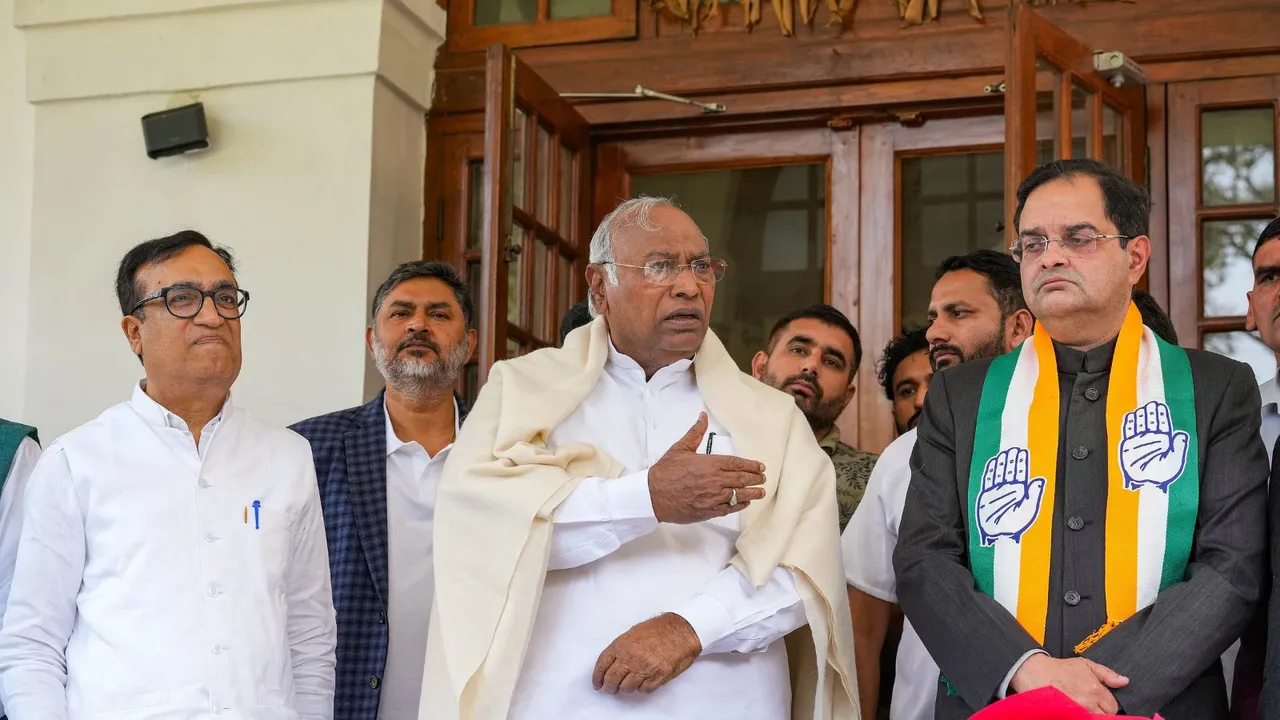 Congress President Mallikarjun Kharge with MP Brijendra Singh addresses the media as the latter joins Congress, in New Delhi