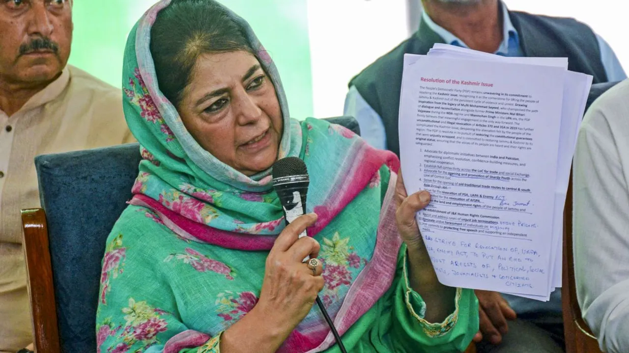 Peoples Democratic Party (PDP) President Mehbooba Mufti during the release of the party's election manifesto ahead of the state assembly elections, in Srinagar, Saturday, Aug. 24, 2024