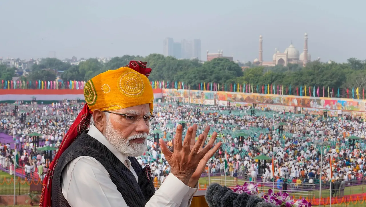 Prime Minister Narendra Modi addresses the nation from the Red Fort on the occasion of the 77th Independence Day, in New Delhi, Tuesday