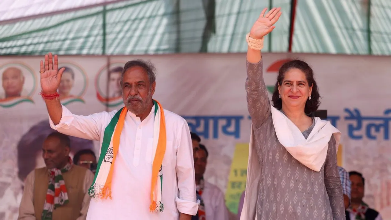 Congress leader Priyanka Gandhi campaigning for party's Kanga Lok Sabha seat candidate Anand Sharma