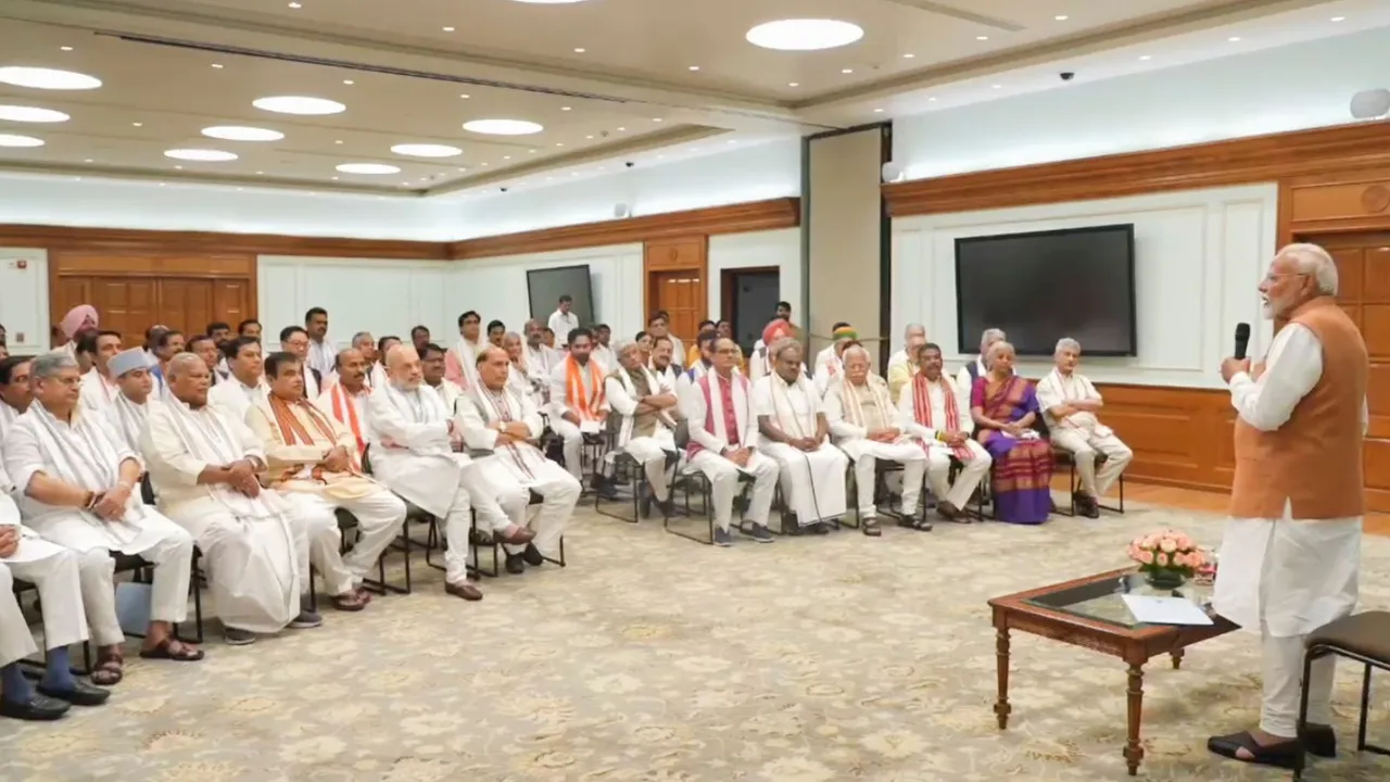Prime Minister-designate Narendra Modi with NDA leaders during an interaction over tea, in New Delhi, Sunday, June 9, 2024.