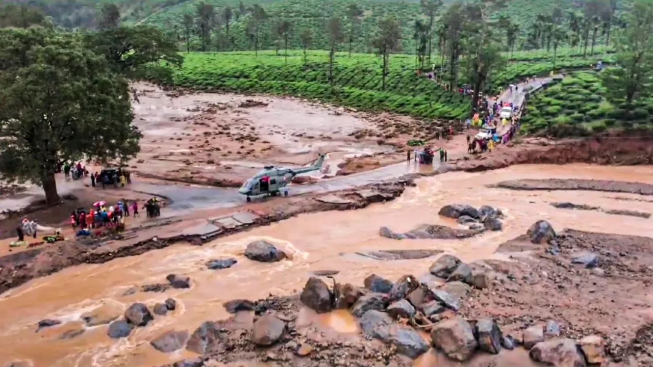 A drone view of a landslide site in Chooralmala, in Wayanad district, Tuesday, July 30, 2024.