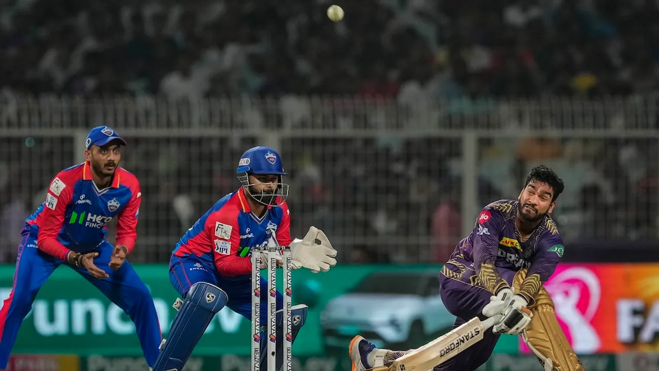 Kolkata Knight Riders batter Venkatesh Iyer plays a shot during the Indian Premier League (IPL) 2024 T20 cricket match between Kolkata Knight Riders and Delhi Capitals, at the Eden Gardens, in Kolkata, Monday, April 29, 2024.