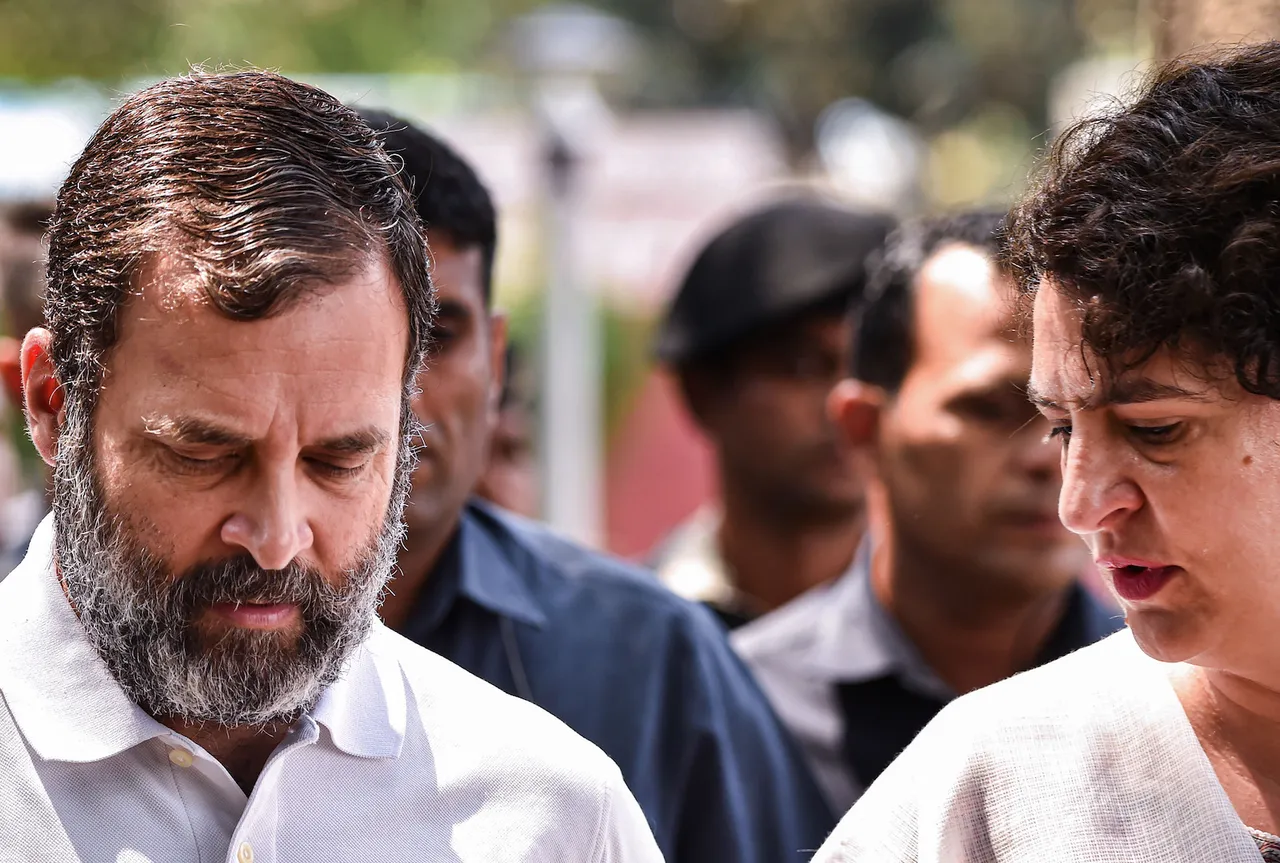 Rahul Gandhi and Priyanka Gandhi Vadra at AICC headquarters on Saturday