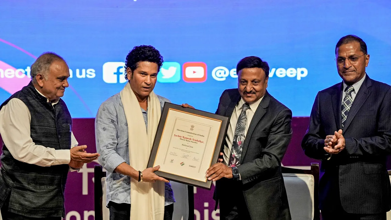Chief Election Commissioner (ECI) Rajiv Kumar, and other commissioners Arun Goel and Anup Chandra Pandey with cricket legend Sachin Tendulkar during a programme in New Delhi