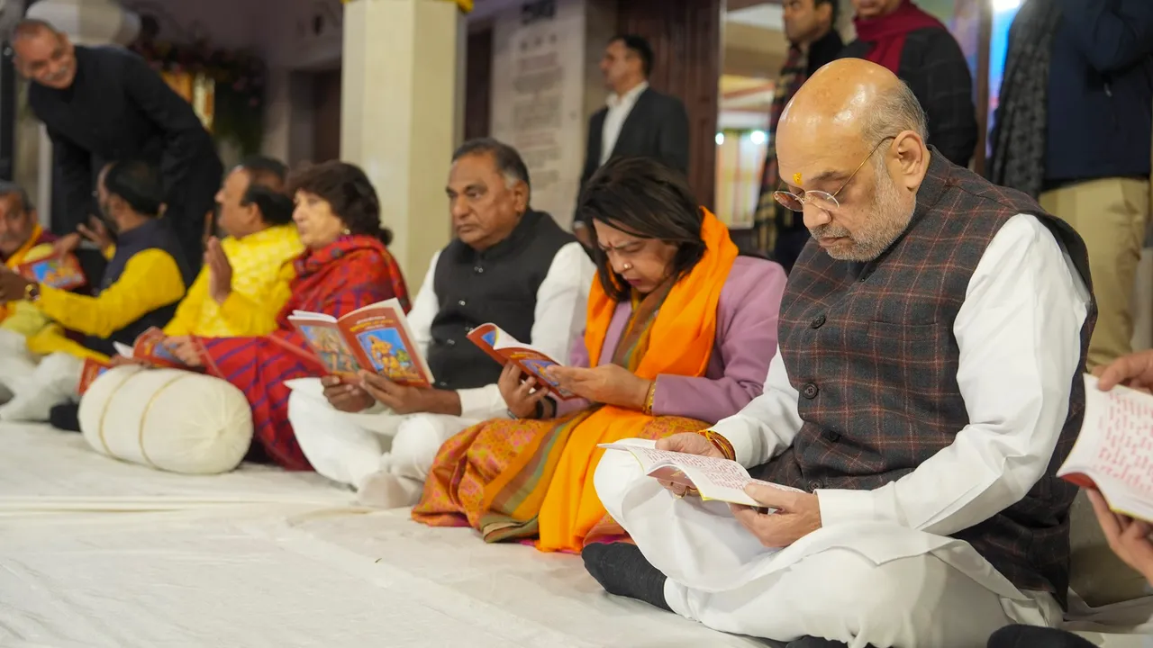 Union Home Minister Amit Shah with Union MoS for Culture Meenakashi Lekhi offers prayers at Laxmi Narayan Temple (Birla Mandir)