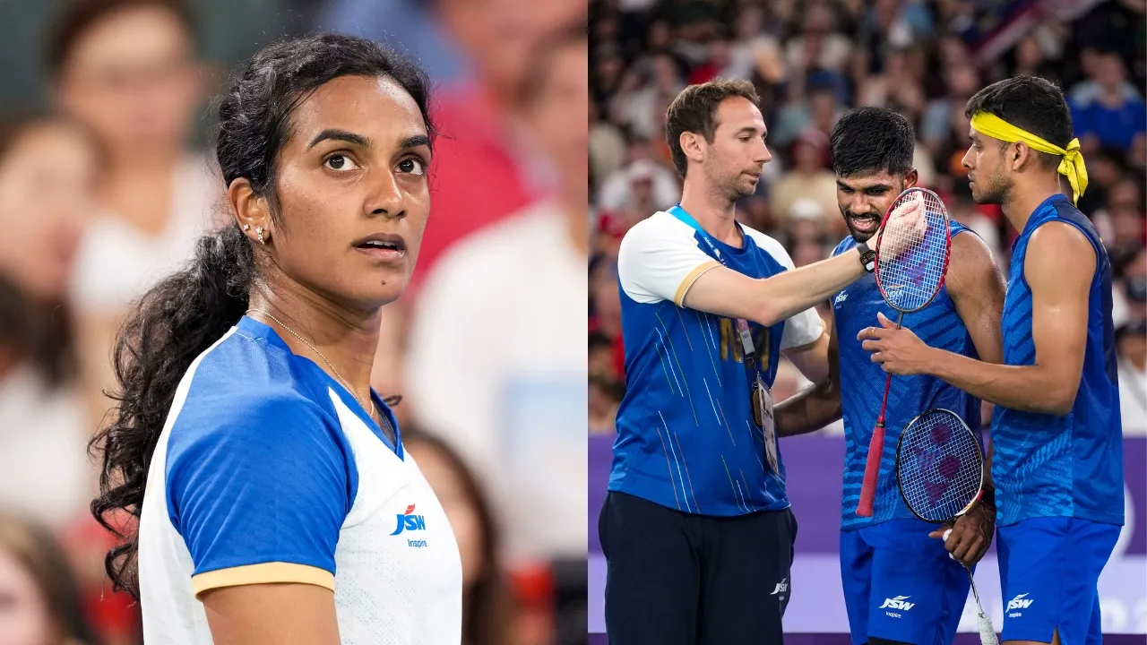 India's PV Sindhu (Left), Satwiksairaj Rankireddy and Chirag Shetty with coach Mathias Boe (Right) at Paris Olympics on August 1, 2024