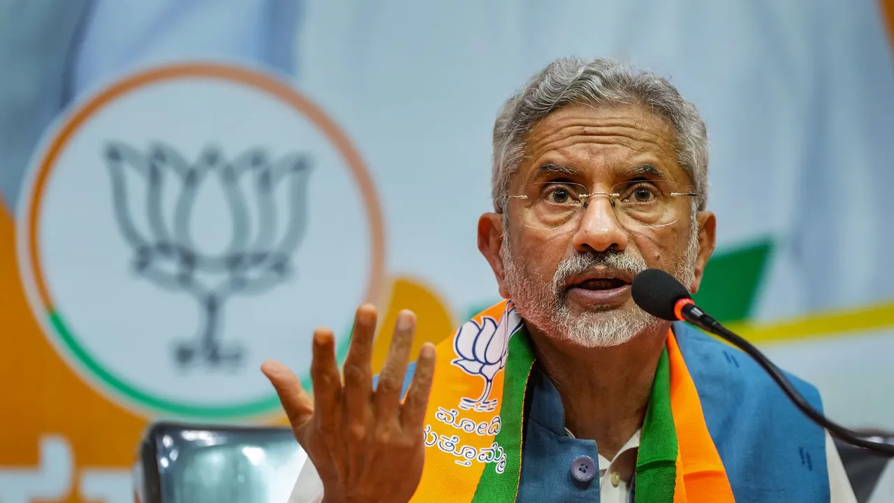 Union Minister and BJP leader S Jaishankar speaks during a press meet at BJP office ahead of Lok Sabha election, in Bengaluru, Monday, April 15, 2024