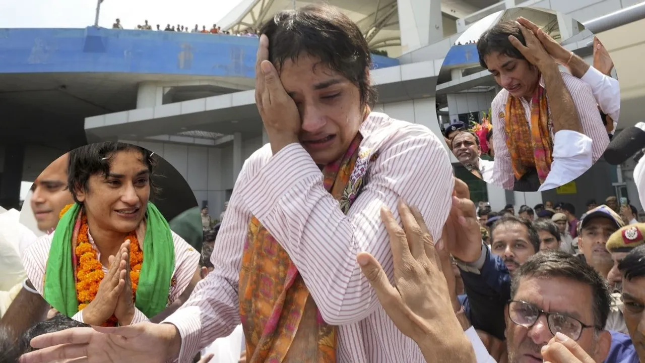 Wrestler Vinesh Phogat being welcomed on her arrival after Paris Olympics heartbreak, at IGI airport, in New Delhi, Saturday, Aug. 17, 2024